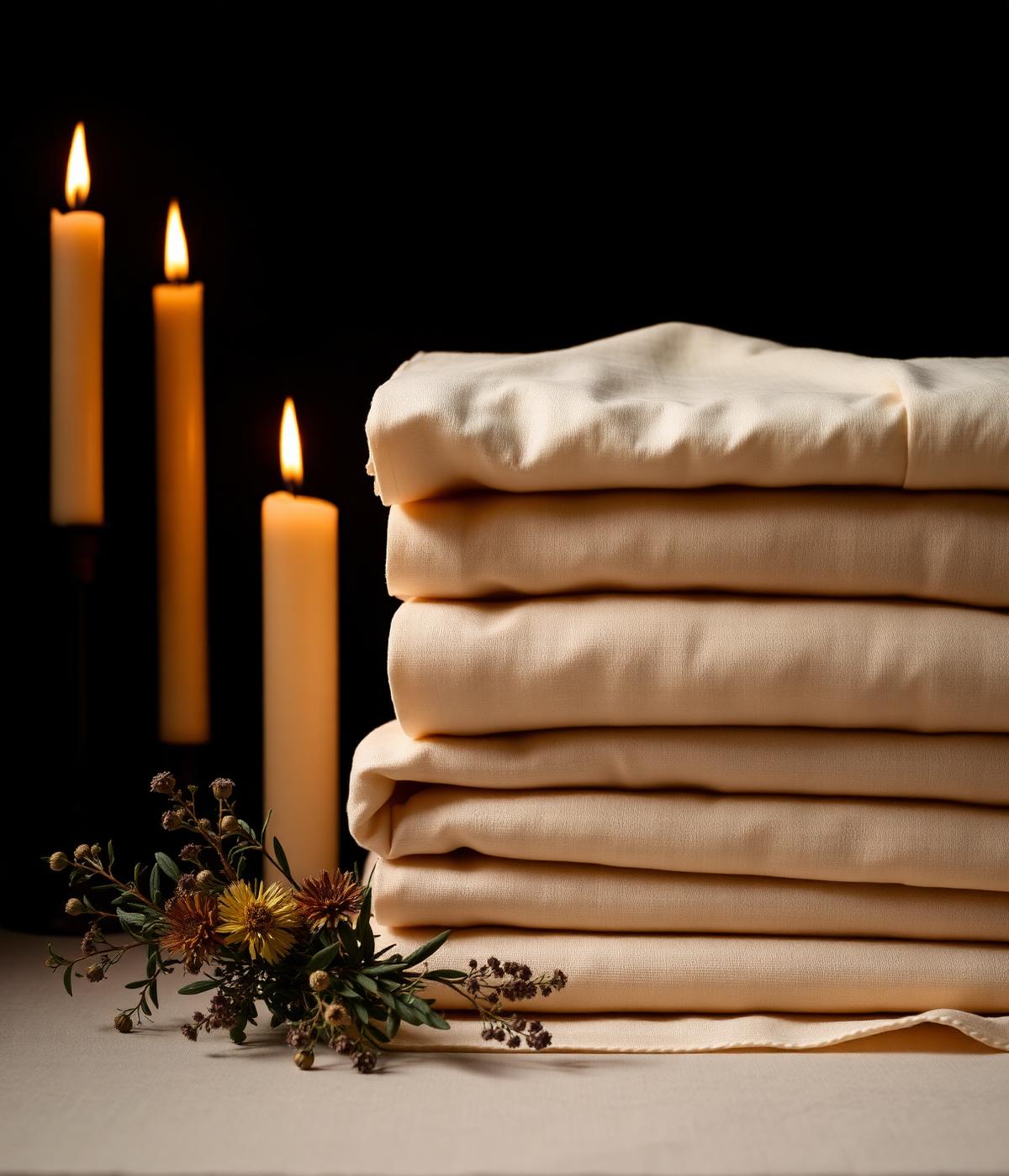 Folded cream linens with herbs